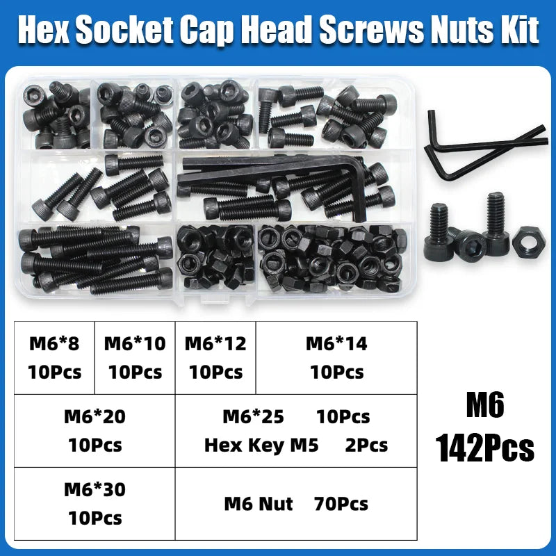 A plastic kit containing various M6 hex socket head cap screws, nuts, and corresponding hex keys.