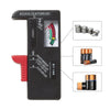 A black digital battery capacity tester device with various battery types and components shown.