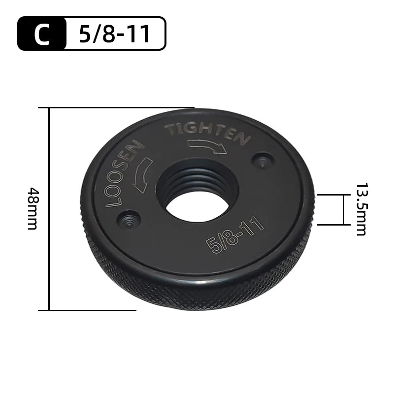 Black universal self-locking grinder pressing plate with a 5/8-11 size and a tightening mechanism.