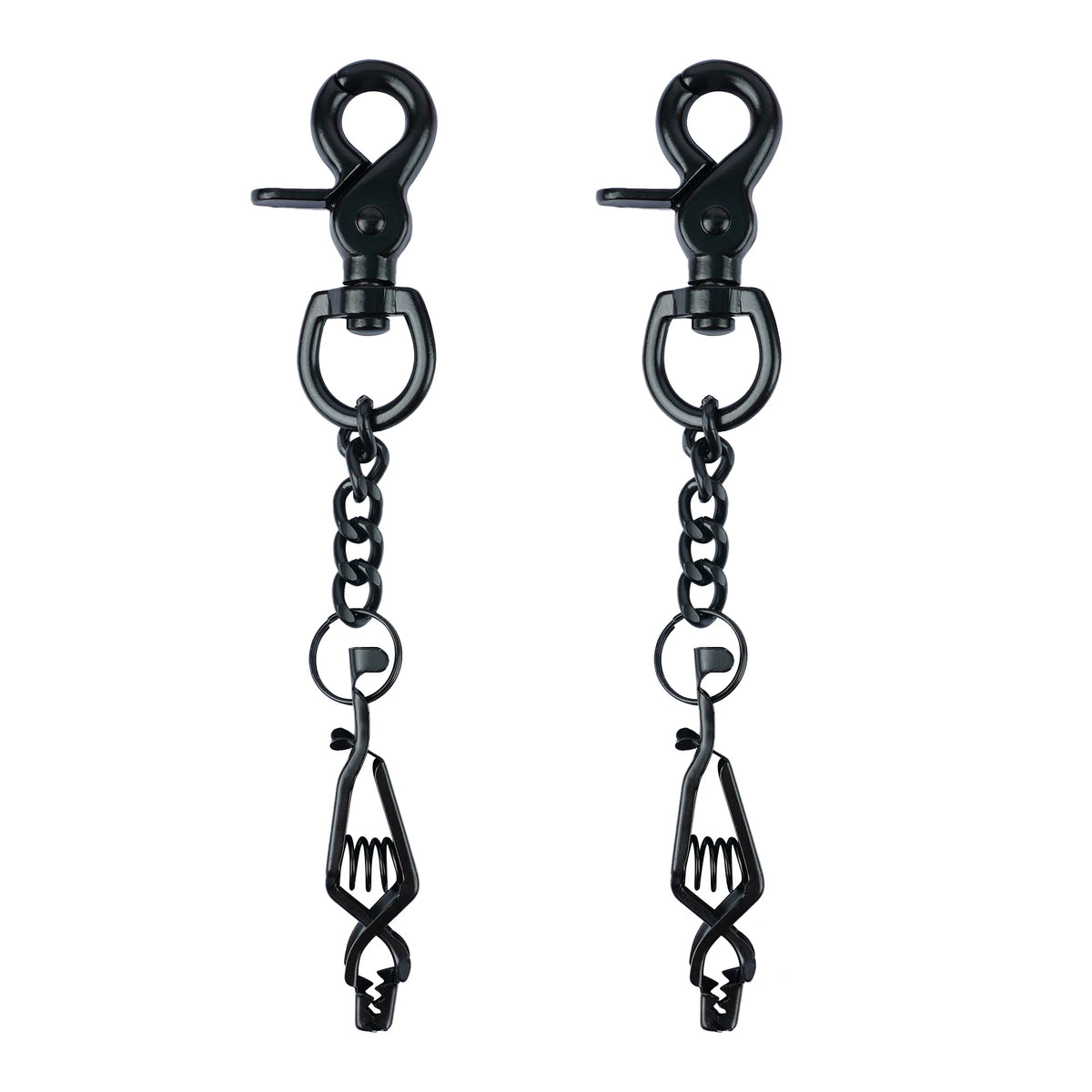 A pair of heavy duty metal glove clips for work and outdoor use.