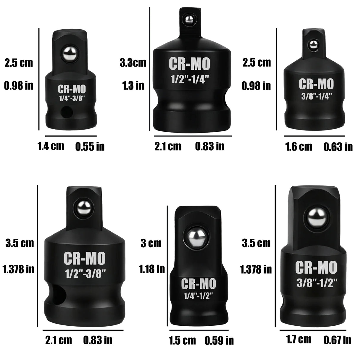 A set of CR-MO precision socket adapters and reducers in black with various sizes and dimensions.