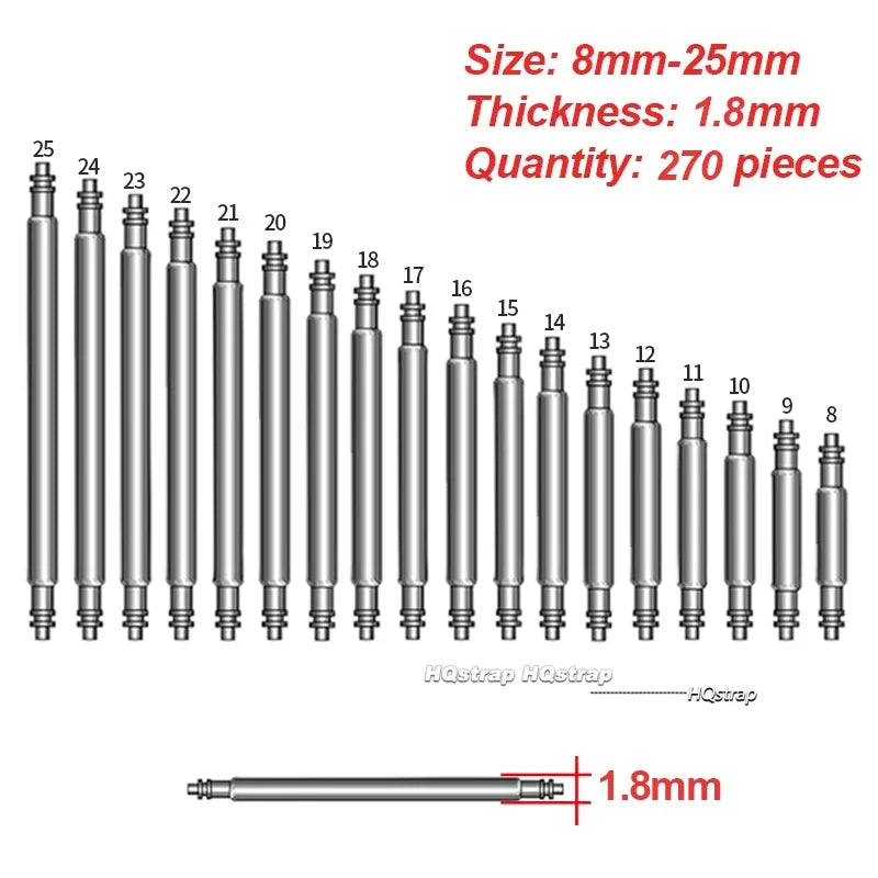 A set of 270 stainless steel watch repair pins and spring bars with an 1.8mm thickness.
