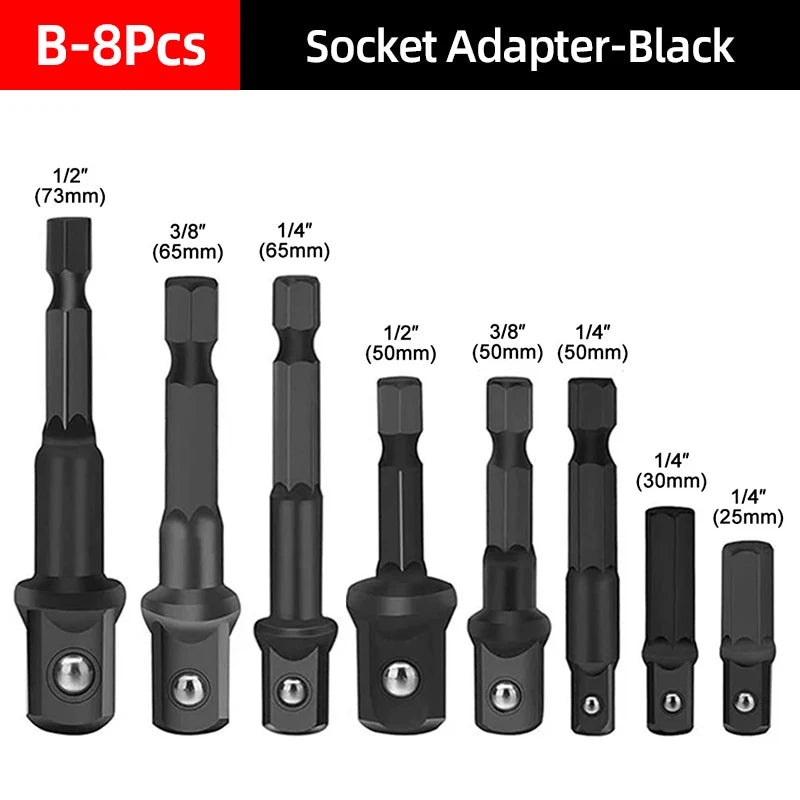 Set of eight black socket adapters with various sizes including 1/2 inch, 3/8 inch, and 1/4 inch.
