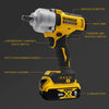 A yellow and black DEWALT 20V XR cordless impact wrench with a brushless motor and lithium-ion battery.