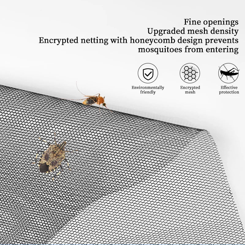 Close-up view of a black self-adhesive window net with a honeycomb design, showing fine openings and mesh texture.