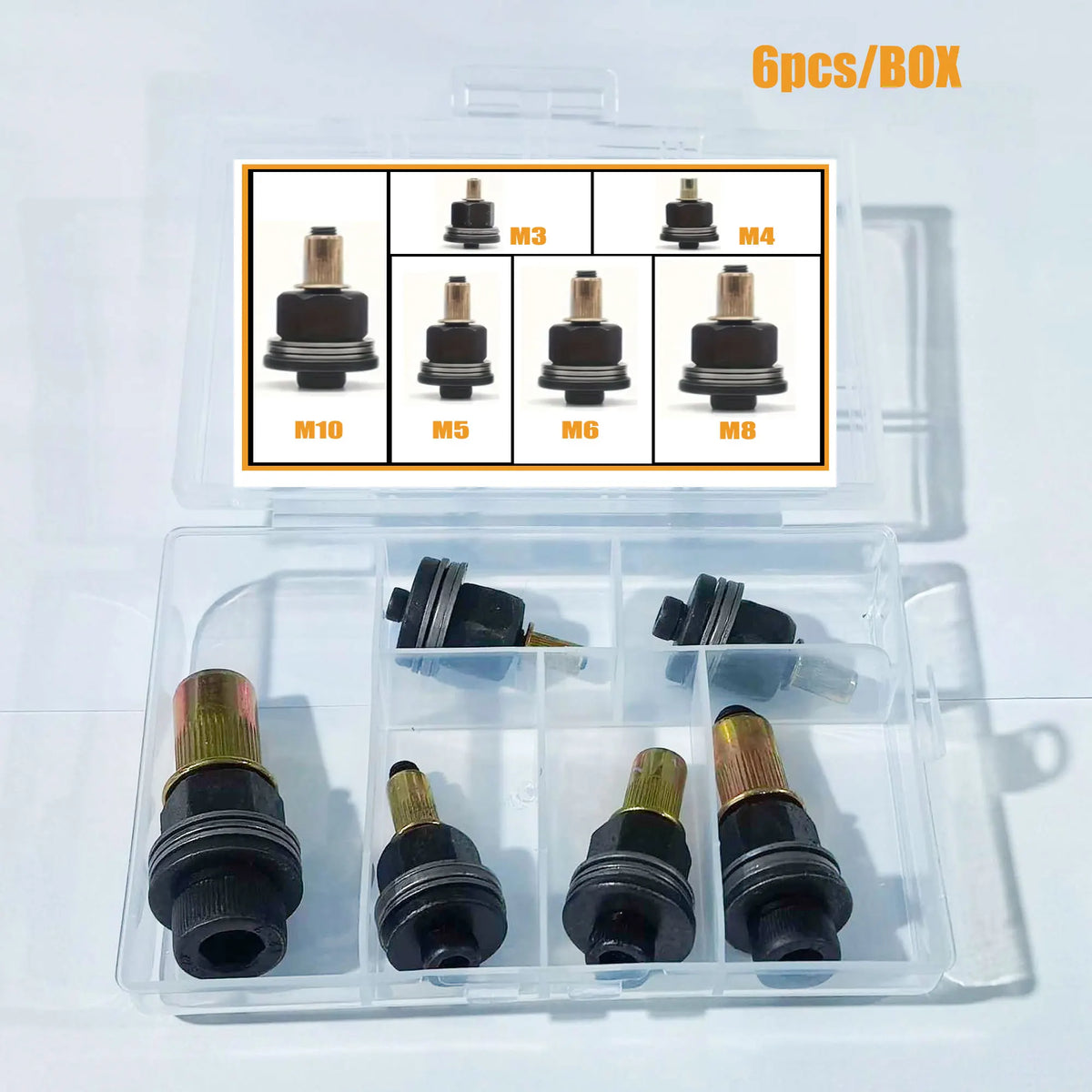 A clear plastic box containing six different sized riveting tools labeled M3, M4, M5, M6, M8, and M10.
