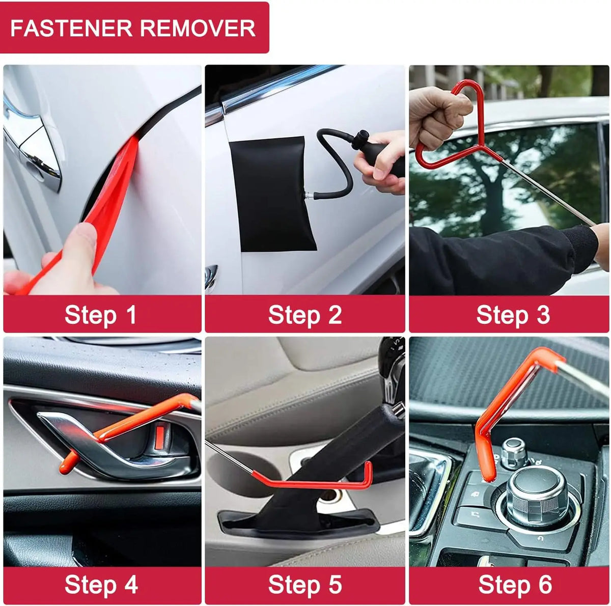 Six steps showing how to use a fastener remover tool kit on a car door for removal and installation.