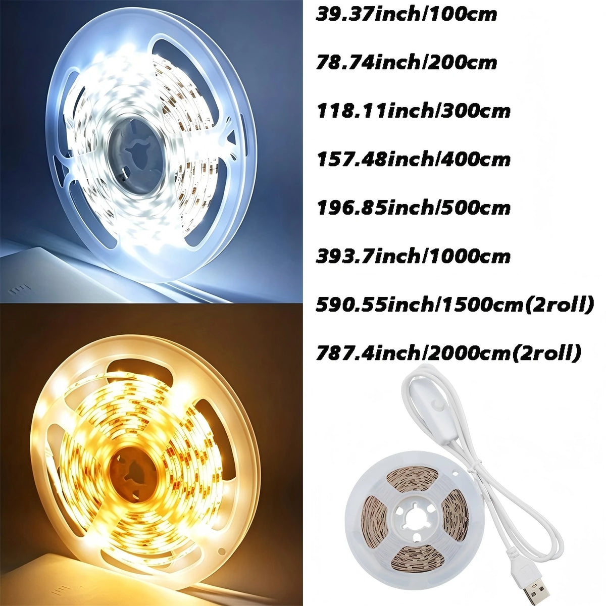 A circular dual color USB LED strip light fixture shown in both illuminated and unlit forms, with a power cord visible.