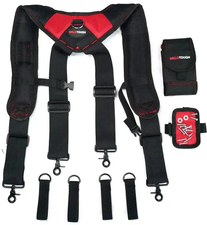 Cinturón suspensorizador magnético negro con soporte para teléfono y múltiples accesorios de cordón
