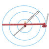 A red adjustable drawing circle ruler with concentric circles showing maximum and minimum measurements.