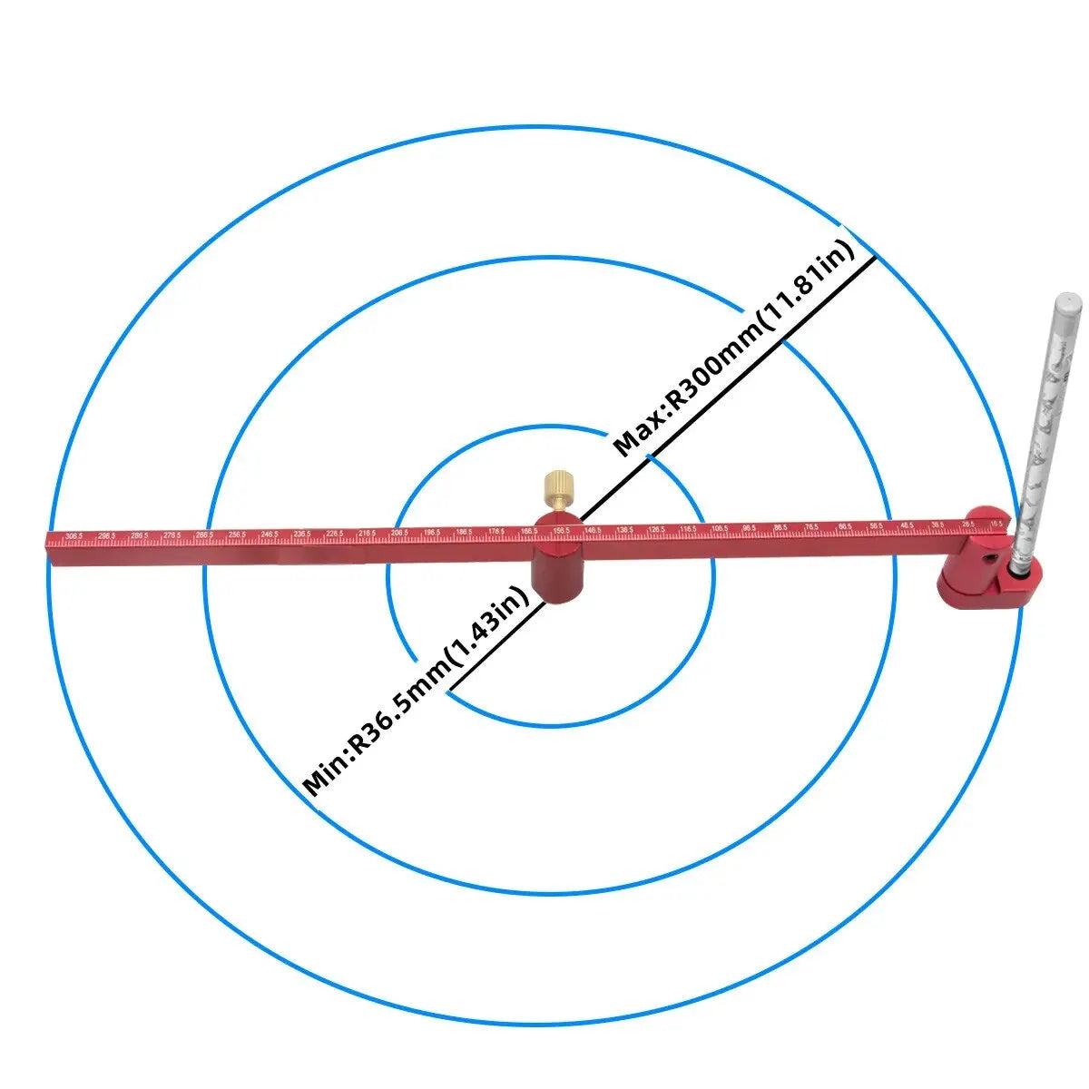 A red adjustable drawing circle ruler with concentric circles showing maximum and minimum measurements.