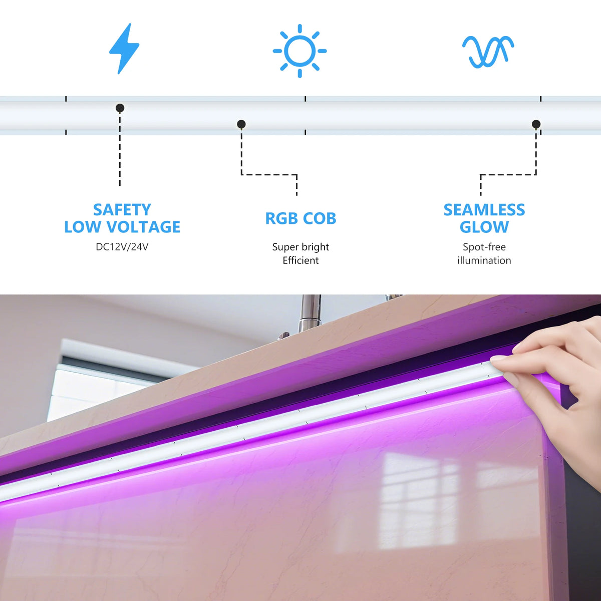 A close-up view of a purple RGB LED strip light installed on a pink cabinet surface.