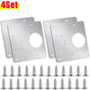 A set of four stainless steel cabinet hinge mounting plates and various screws.