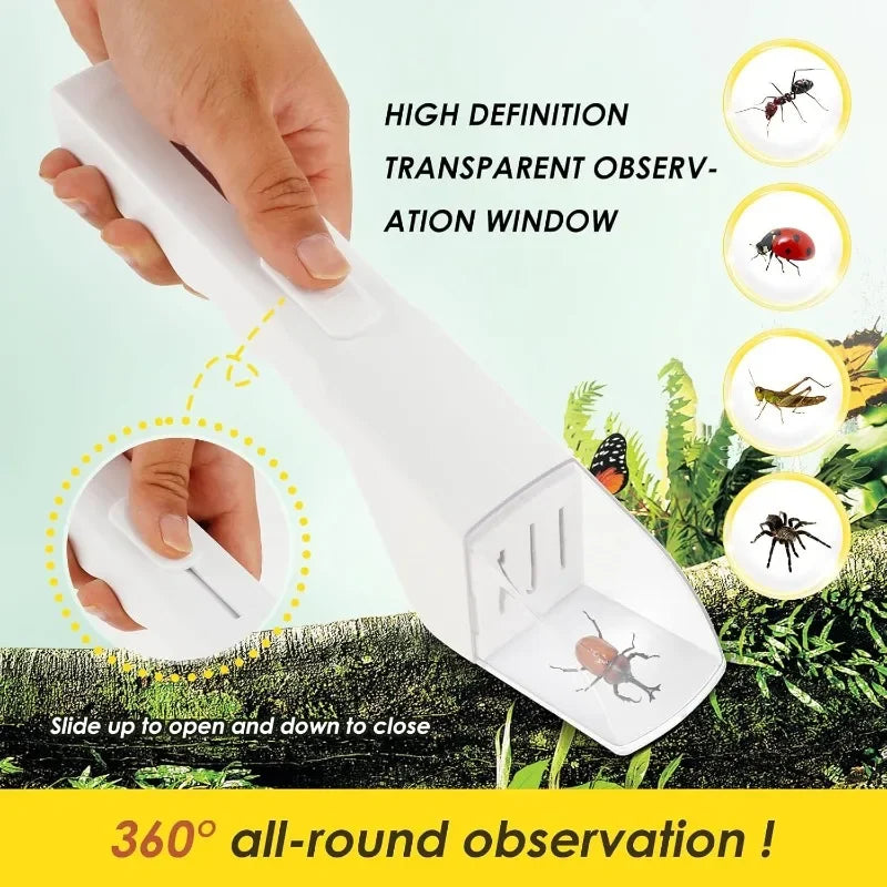 A white handheld transparent observation window device is shown with insects visible through it, demonstrating 360 degree obs