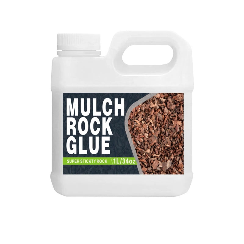 White plastic jug of mulch rock glue labeled Super Sticky Rock Glue 1L/34oz