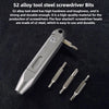 A silver S2 alloy tool screwdriver bit set with four interchangeable heads displayed on a black surface.