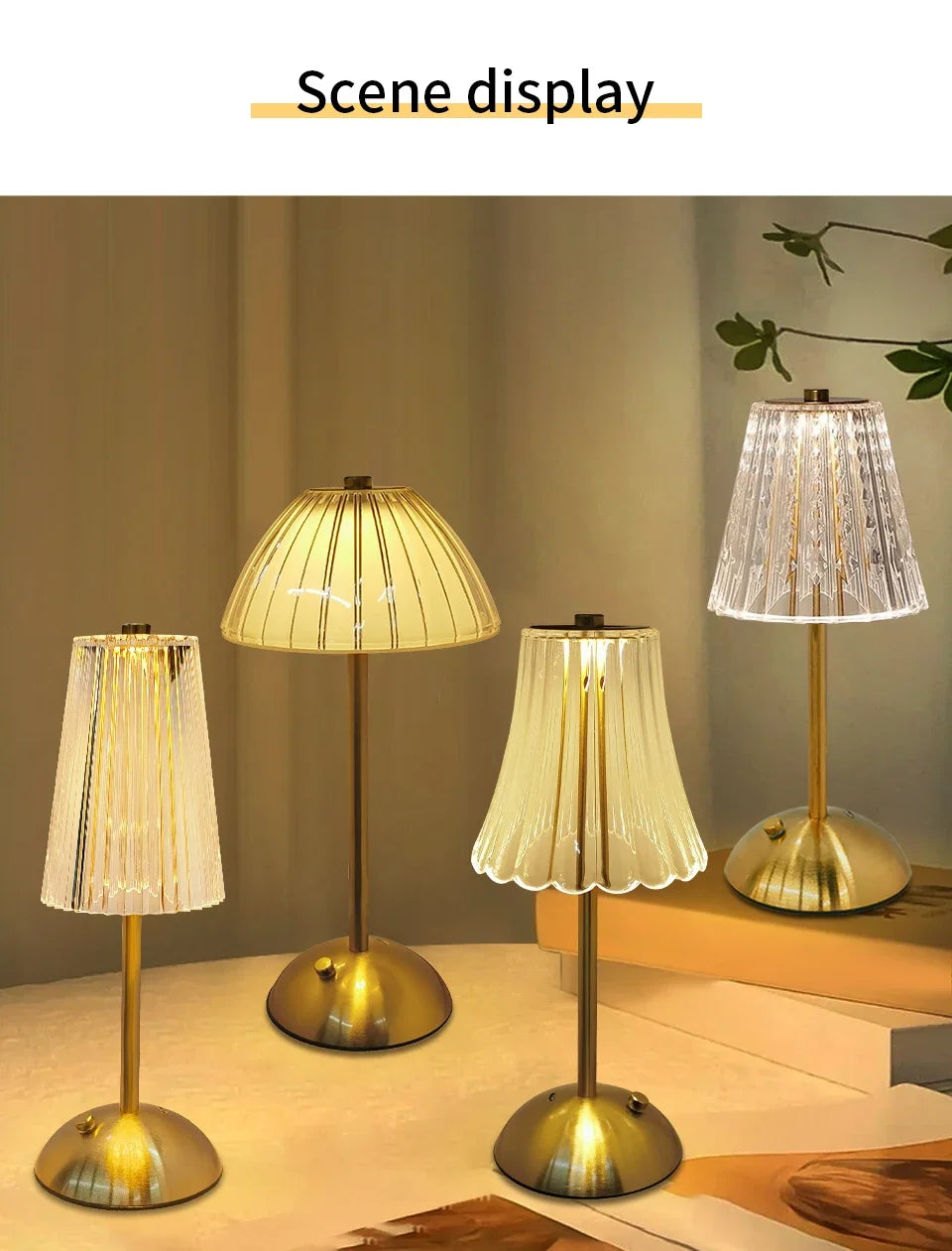 Three modern gold-toned lamps with translucent shades illuminate a room.
