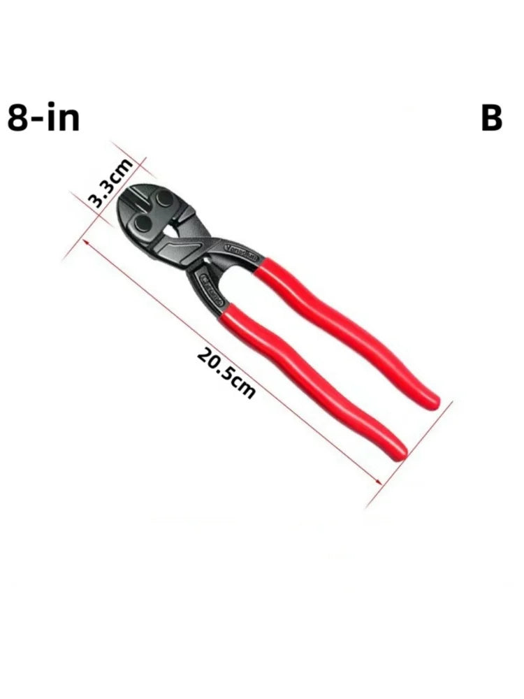 A pair of red heavy-duty bolt cutters with a spring and notch, shown against a white background.