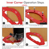 Four steps showing the operation of an inner corner radius jig for woodworking