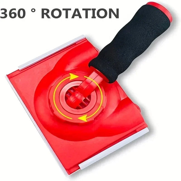 A red paint edge trimmer and corner brush set with a black handle demonstrating 360 degree rotation.