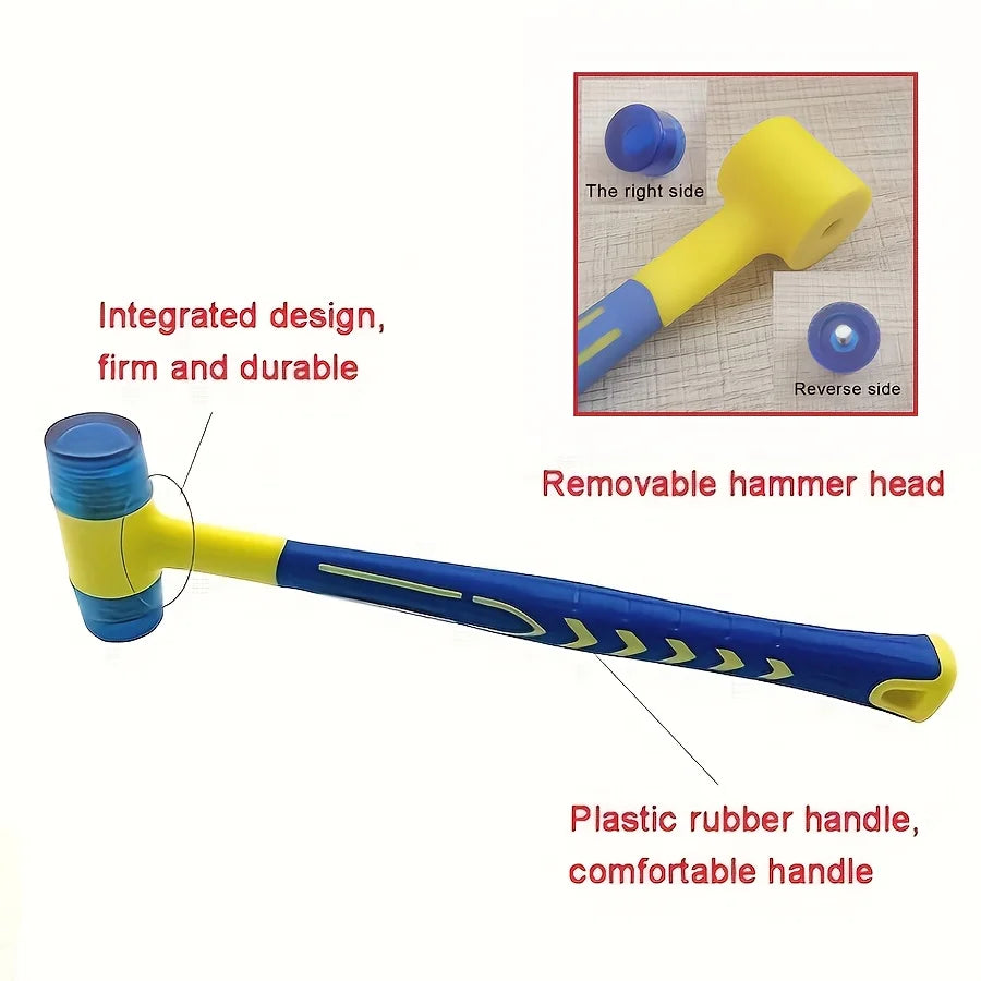 A yellow and blue rubber and plastic hammer set showing the integrated design, removable head, and comfortable handle.