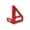 A red precision woodworking square and protractor ruler used for measuring angles and lines.