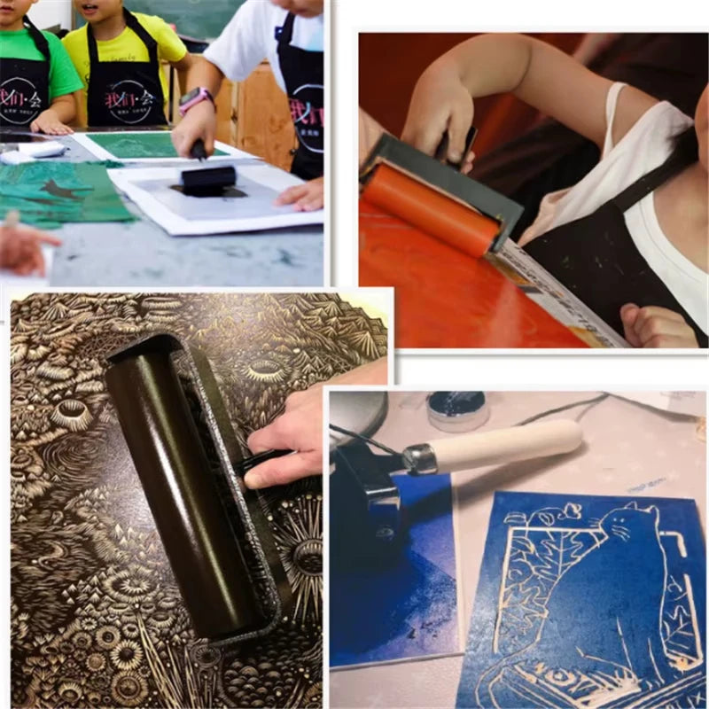 A close-up view of a professional set of rubber roller printing tools being used to print designs on paper.