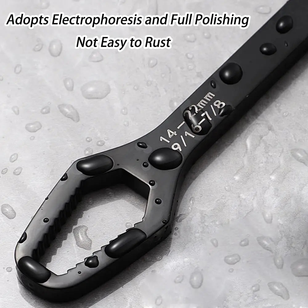A black adjustable universal torx wrench is shown with markings and polished finish.