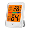 Termómetro digital y medidor de humedad blanco mostrando 28.4 grados Celsius y 64% de humedad relativa.