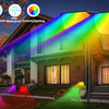 Solar powered colorful waterproof lighting illuminating a modern house facade and garden.