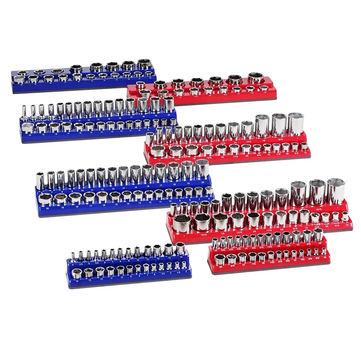 A set of magnetic socket organizers for metric and SAE tools, shown in blue and red plastic trays.