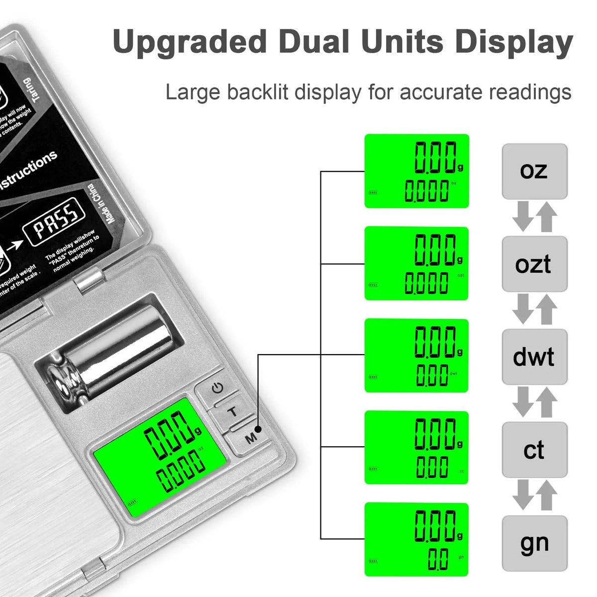 A precision digital scale displaying various measurements like oz, ozt, dwt, ct, and gn on a green screen.