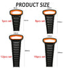 Various sets of black plastic wrench organizer racks with orange handles and varying lengths.