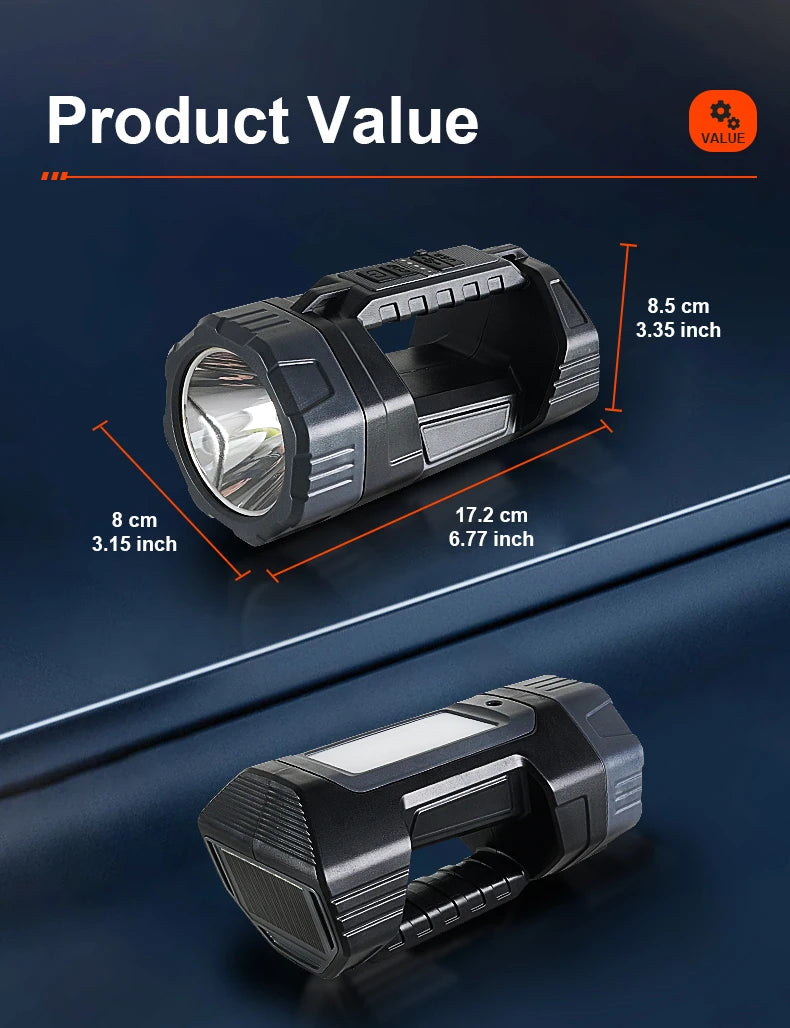 Schwarze solaraufladbare LED-Taschenlampe mit Maßen und Nahaufnahme.