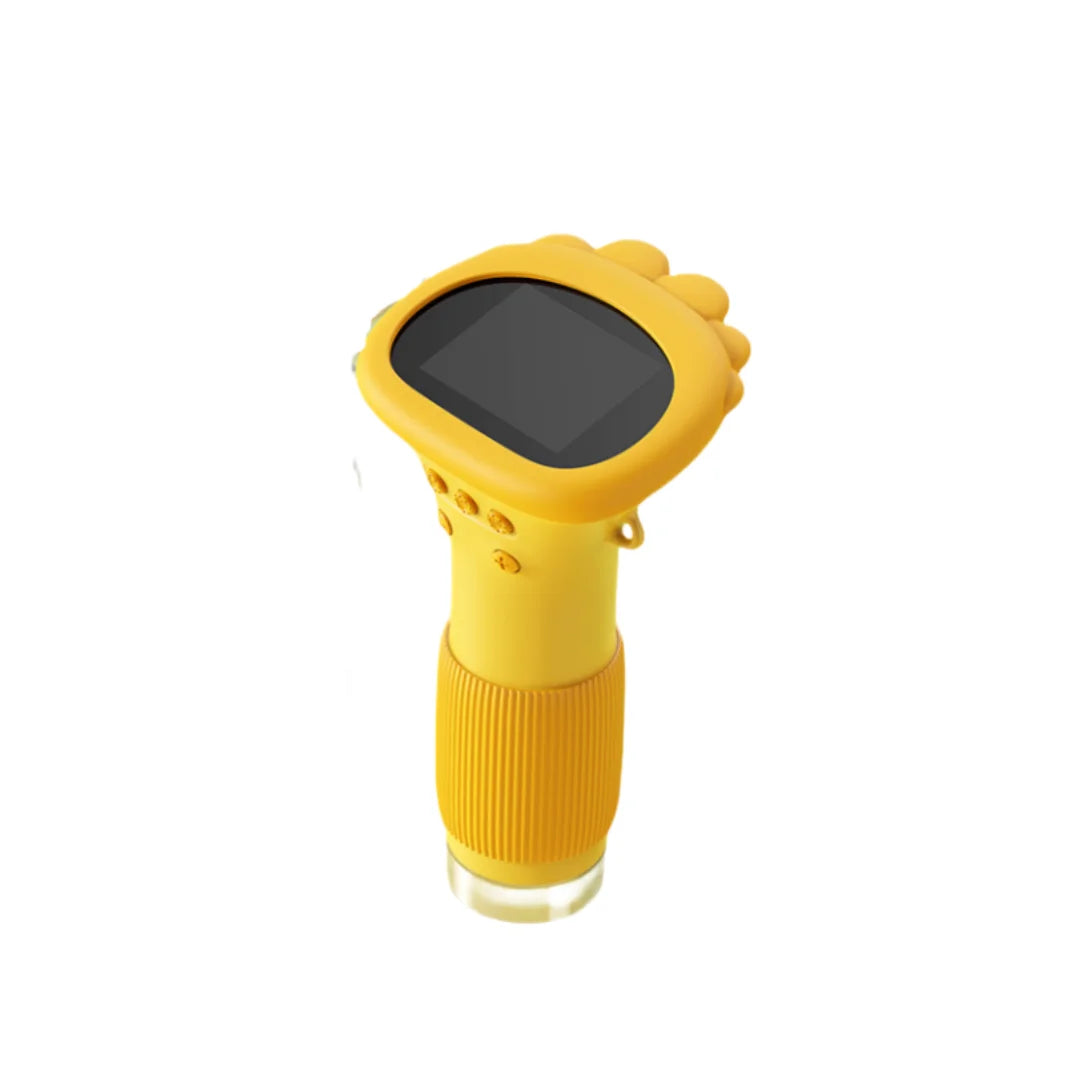A yellow pocket digital microscope for kids with a clear lens and a black display.