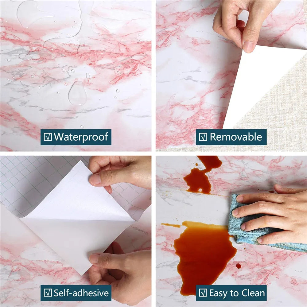 Rollable pink marble contact paper showing waterproof, removable, self-adhesive features and easy to clean application.