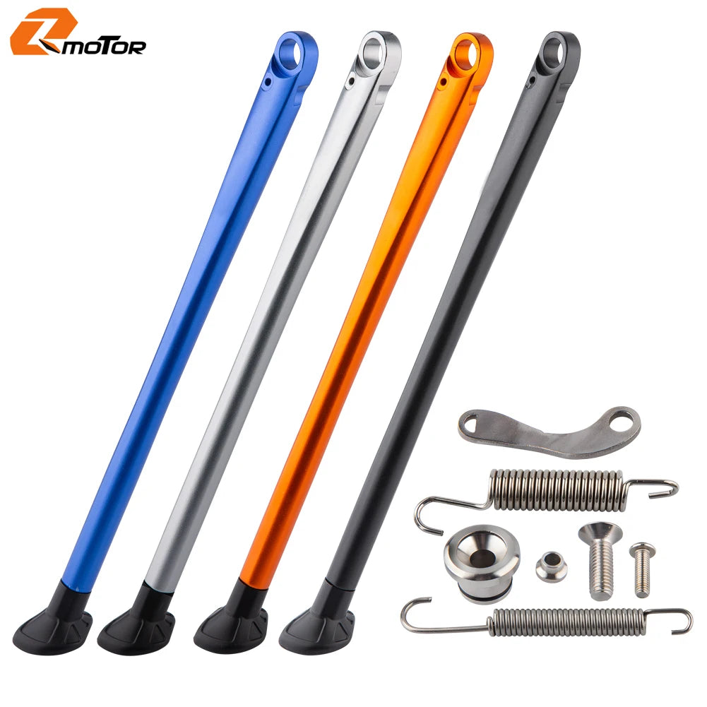 Set of four motorcycle side stand kickstands in blue, silver, orange, and black for KTM