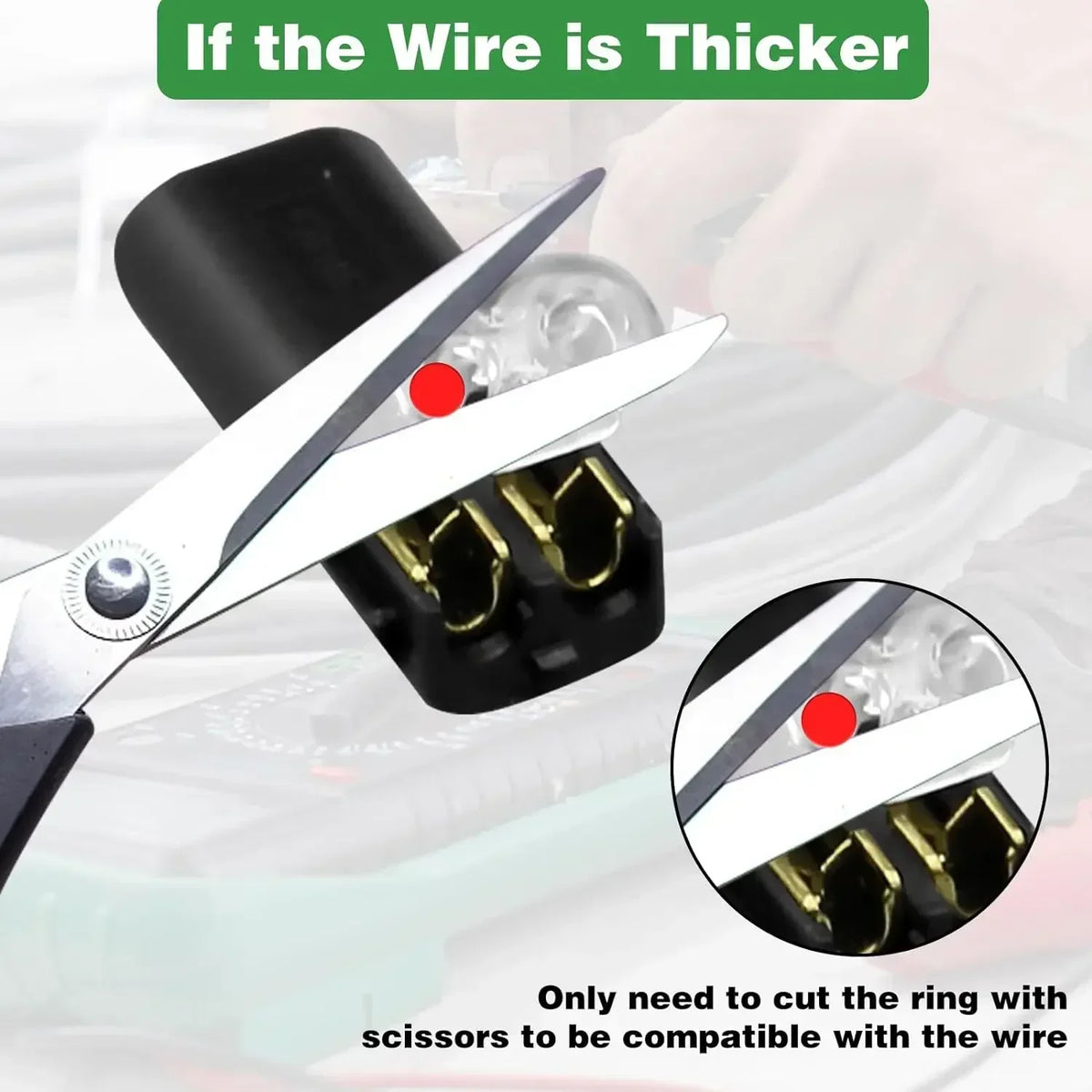A pair of scissors is shown cutting a wire connector ring to make it compatible with a thicker wire.