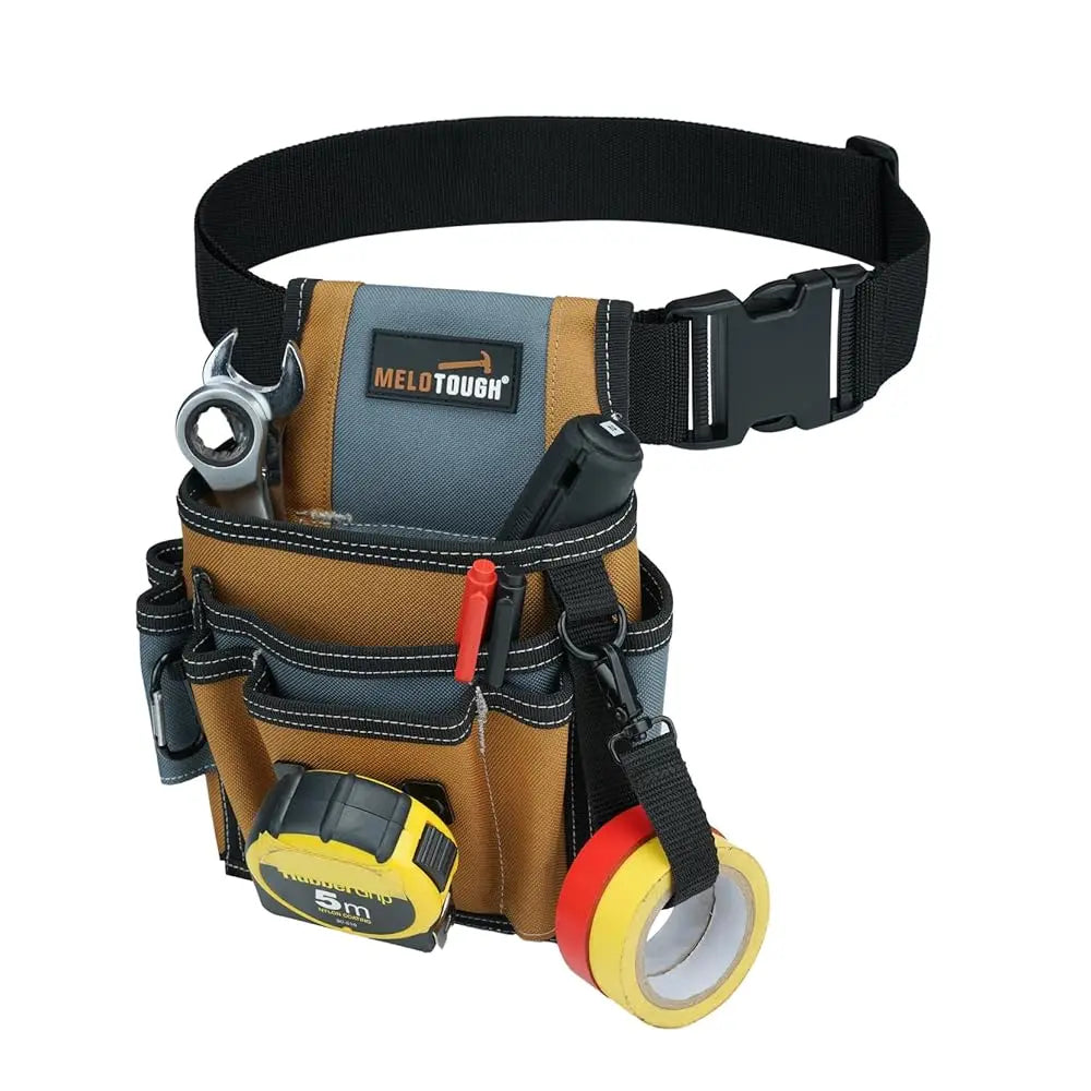A heavy-duty electrician tool belt set featuring a black strap and a tan pouch with yellow measuring tape.