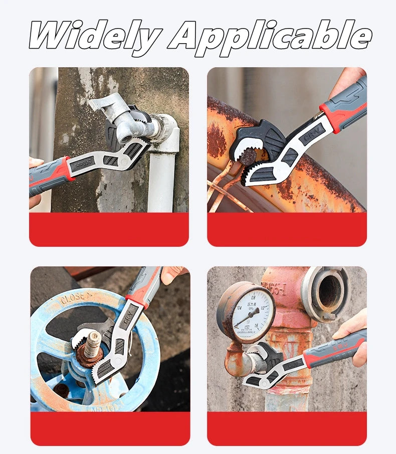 A set of adjustable multi-sized locking wrenches being used to tighten a pipe fitting.