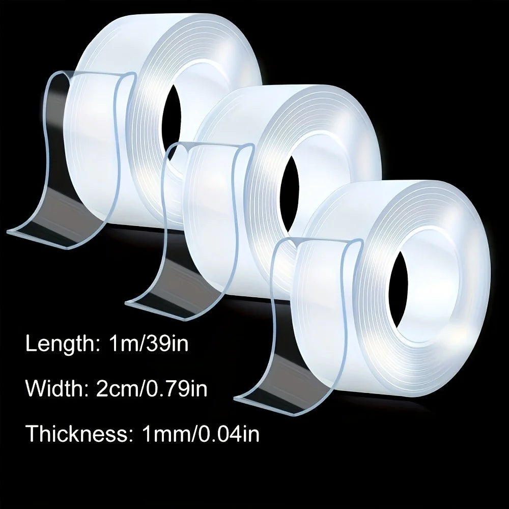 Tres rollos de cinta adhesiva transparente de doble cara con sus dimensiones