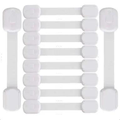 A set of white adjustable child safety locks for cabinets and drawers.