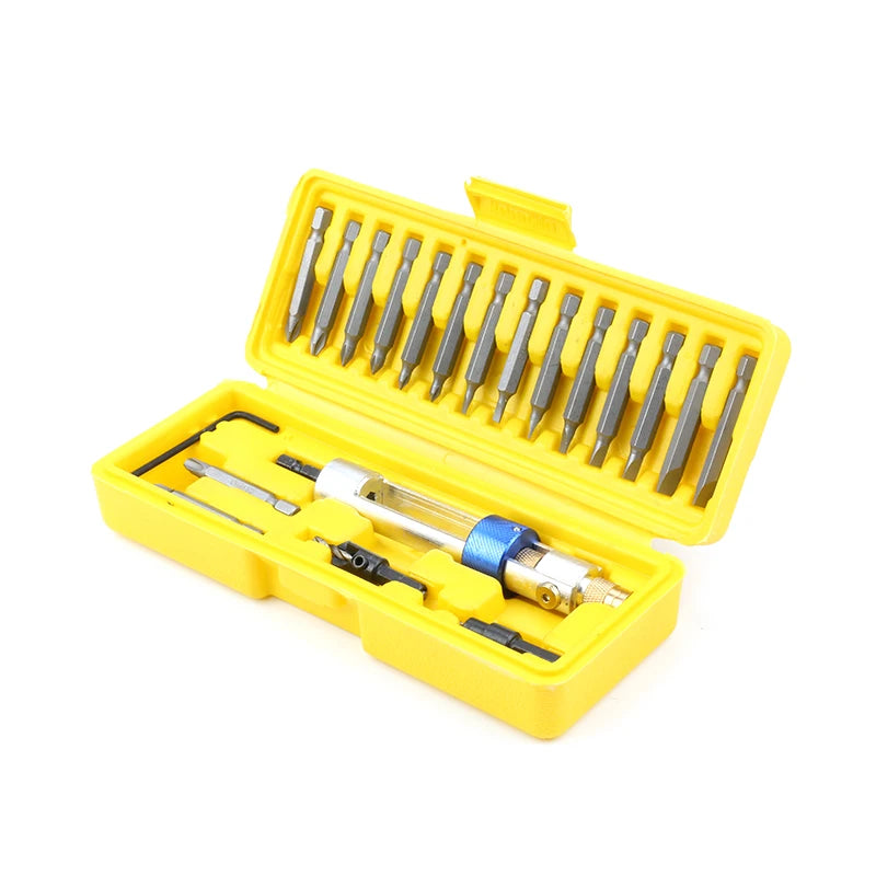 A yellow plastic box containing a set of multi-function countersunk drill bit screwdriver bits.