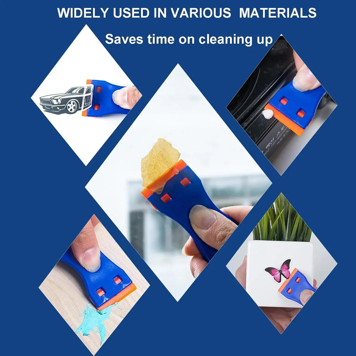 A hand holds a blue plastic scraper with an orange tip, used to clean up various materials like automotive paint.
