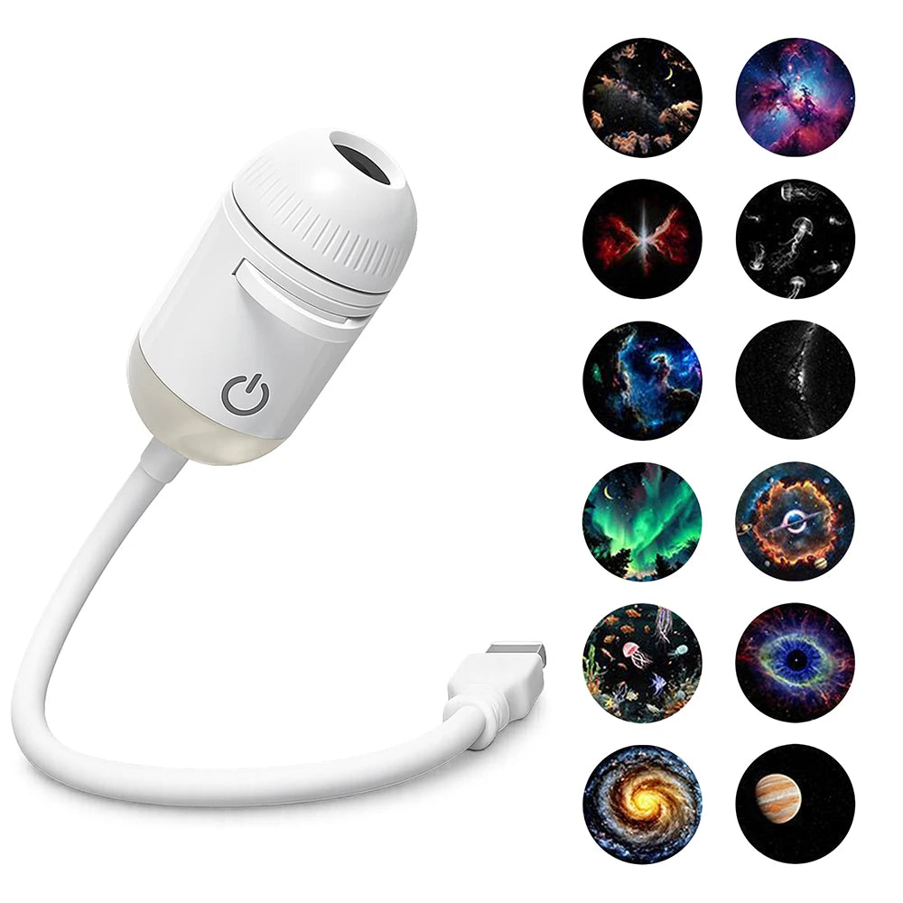 A white dual-mode USB projection lamp with a flexible cord and multiple cosmic light patterns displayed on the right.