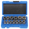 A blue metalworking hand tool kit with a black box and several hexagonal tools for bolt and nut removal.