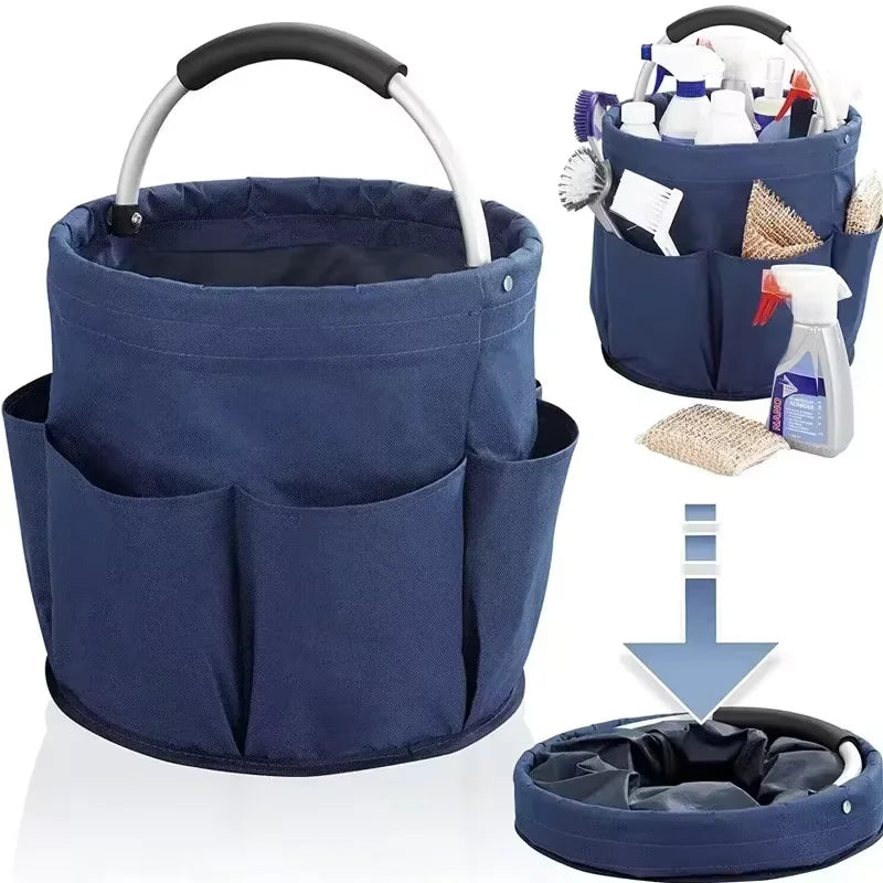 A navy blue folding storage organizer basket with multiple compartments and a separate container for brushes and tools.