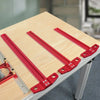 A red precision marking T-square is shown resting on a light wood workbench.