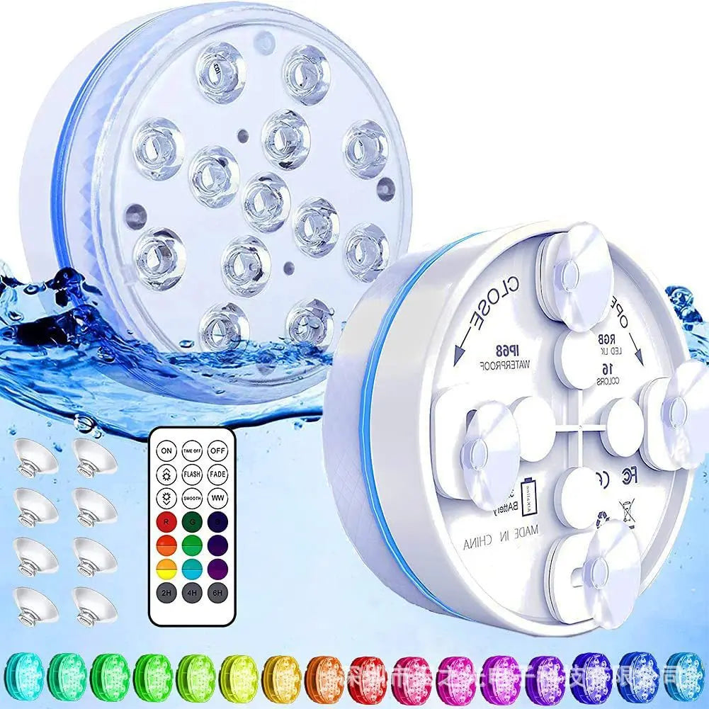 Lampe de piscine sous-marine LED submersible avec télécommande et lumières colorées.