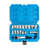 A blue 17-piece pass-through socket set with a hollow ratchet and various tools displayed in an open case.